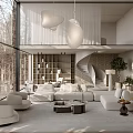 Modern Duplex Living Room Interior With Spiral Staircase Large Windows And White Sofas 3d model