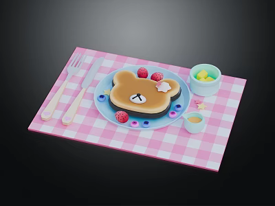 Teddy Bear Shaped Sandwich with Strawberries on Pink Checkered Placemat Fork Knife and Butter Bowl 3d model