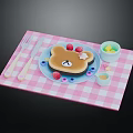 Teddy Bear Shaped Sandwich with Strawberries on Pink Checkered Placemat Fork Knife and Butter Bowl
