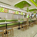 Bright Restaurant Interior With Green Ceiling Hanging Signs Menu Posters And Service Counter