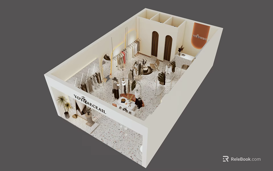 Modern Clothing Store Interior Design With Hanging Racks Display Tables And Decorative Plants 3d model 