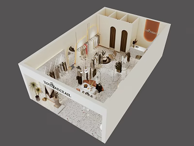 Modern Clothing Store Interior Design With Hanging Racks Display Tables And Decorative Plants 3d model