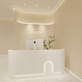 Modern Beauty Hair Salon Reception Interior With White Curved Desk Computer And Green Plant