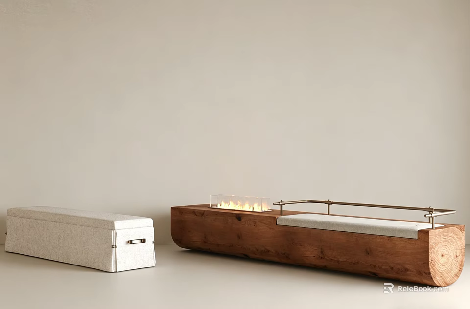 Elegant White And Wooden Sofa Bench With Metal Rail And Ambient Lighting 3d model 