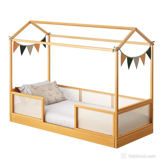 Wooden Kids Bed with House Shaped Roof Frame Mesh Guardrails and Colorful Bunting 3d model 