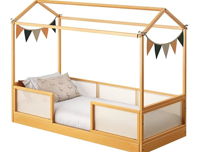 Wooden Kids Bed with House Shaped Roof Frame Mesh Guardrails and Colorful Bunting 3d model