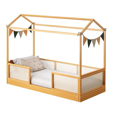 Wooden Kids Bed with House Shaped Roof Frame Mesh Guardrails and Colorful Bunting 3d model