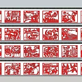 Red Paper Cutting Feature Wall With Traditional Figures And Scenes Patterns Arranged In Rows 3d model