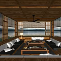 Modern Hotel Lobby Interior Featuring Wooden Structure Large Windows Lake View Sofas And Coffee Tables