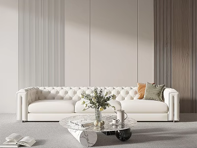 Modern Three Seater White Tufted Sofa With Glass Coffee Table Pillows And Vertical Striped Wall 3d model