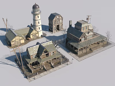 European Style Architecture Featuring Lighthouse Cottages Sloped Roofs And Wooden Structures 3d model