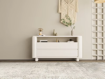 Modern White Console Table with Woven Wall Art Decorative Vase and Neutral Rug 3d model