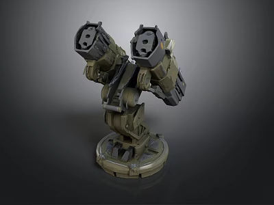 Military Green Dual Barrel Weapon Turret With Mechanical Arm And Stable Base 3d model