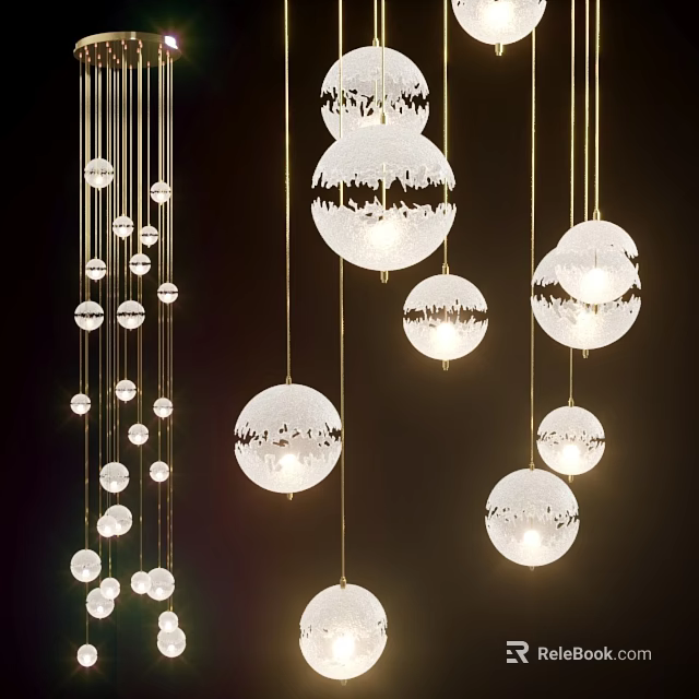 Elegant Spherical White Chandeliers With Golden Hanging Wires On Dark Background 3d model 