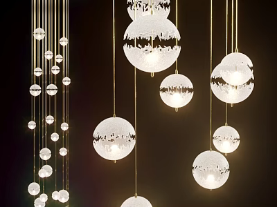 Elegant Spherical White Chandeliers With Golden Hanging Wires On Dark Background 3d model