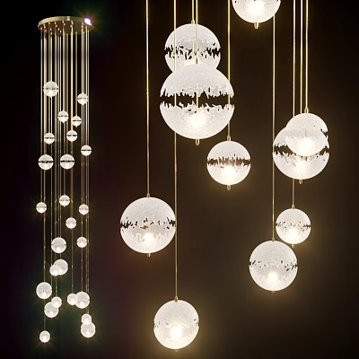 Elegant Spherical White Chandeliers With Golden Hanging Wires On Dark Background 3d model