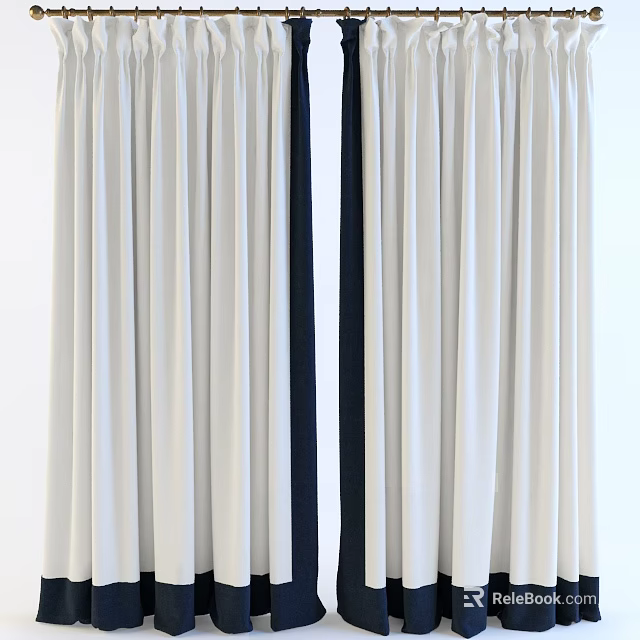 Beige White Curtains With Vertical Dark Stripes Elegant Fabric Drape For Home Interior 3d model 