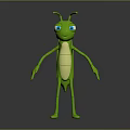 3D Green Insect Character With Big Blue Eyes And Slim Body Design Features