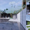 Residential Landscape View Through Glass Doors With Courtyard Water Feature Green Plants And Stone Pathway