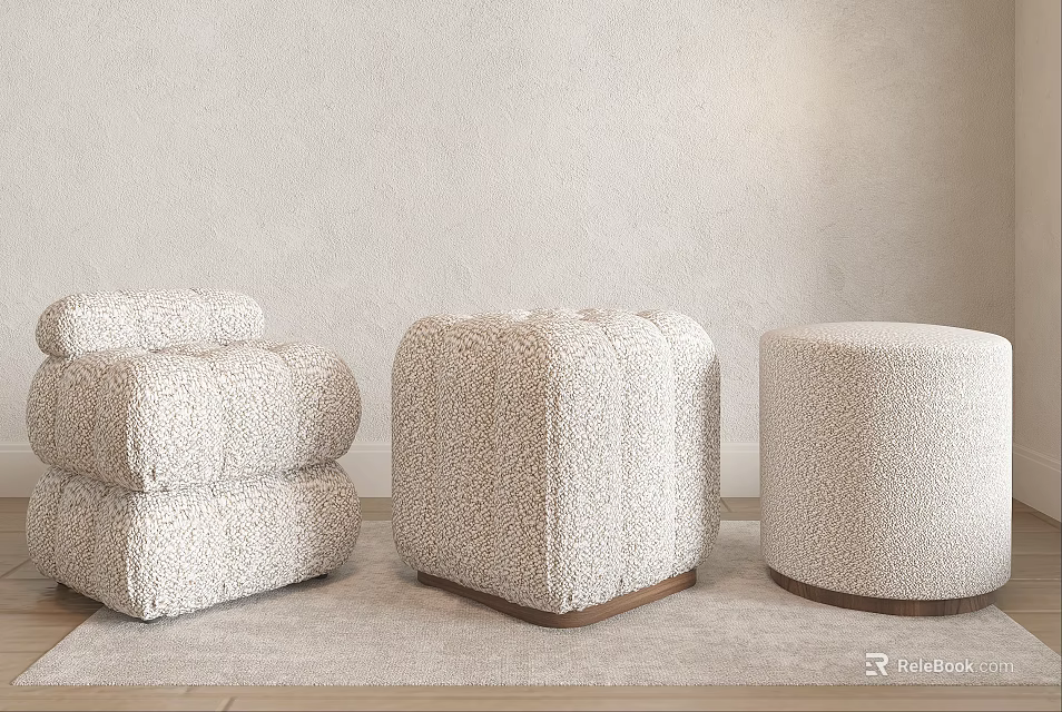 Three Different Design Beige Stools With Soft Textured Fabric And Wooden Base 3d model 