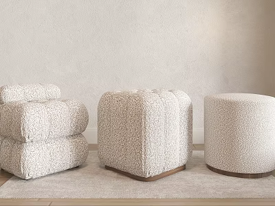 Three Different Design Beige Stools With Soft Textured Fabric And Wooden Base 3d model