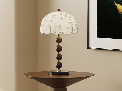 White Floral Patterned Table Lamp With Wooden Spherical Base On Round Brown Side Table 3d model