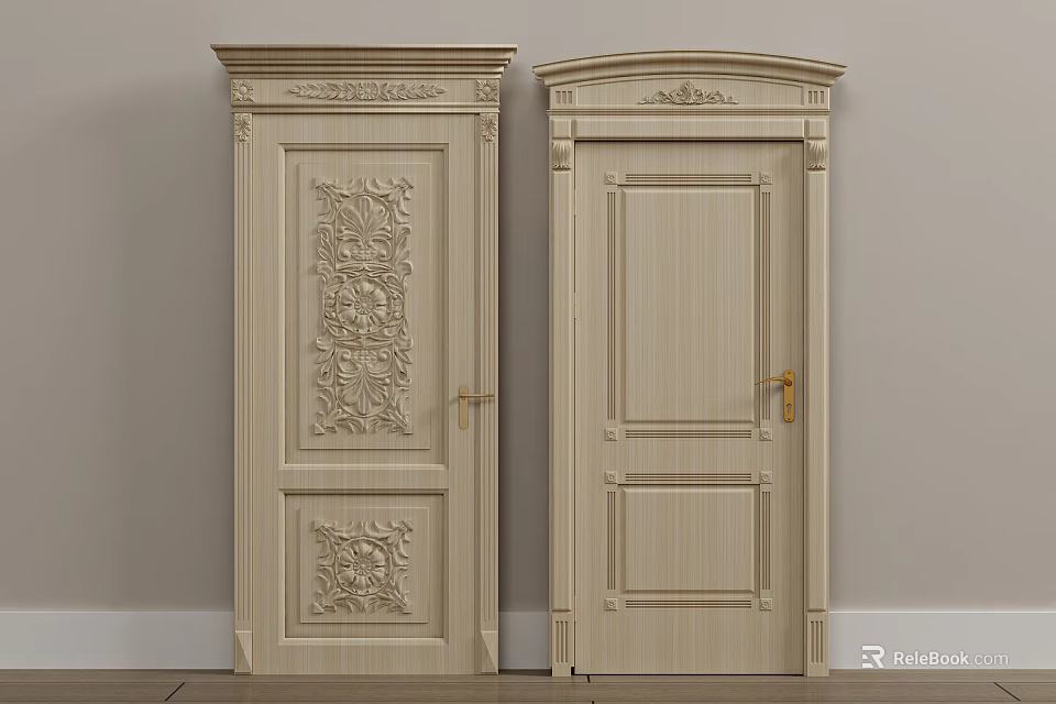 Wooden Swing Doors With Intricate Carvings And Simple Panel Design For Interior 3d model 