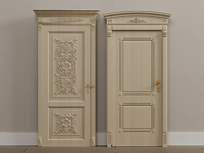 Wooden Swing Doors With Intricate Carvings And Simple Panel Design For Interior 3d model