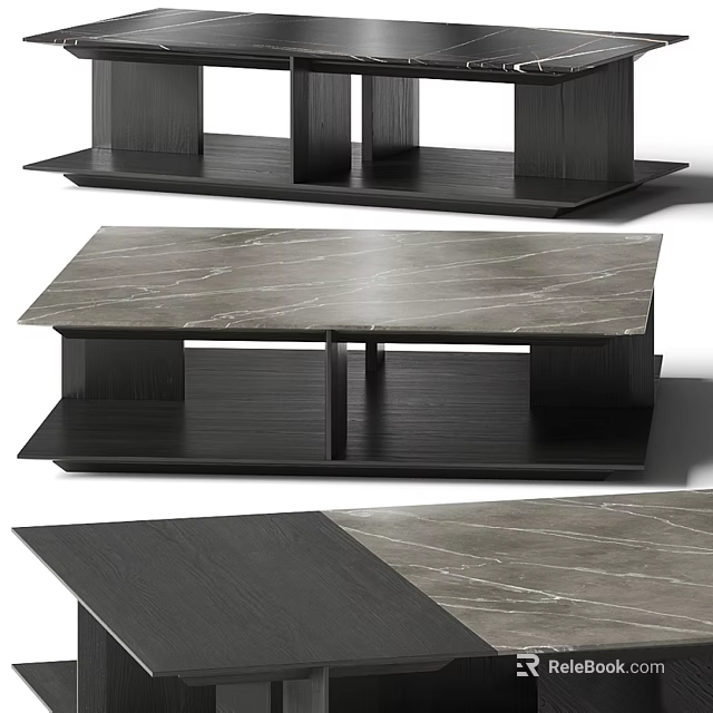 Modern Coffee Table With Marble Top And Dark Wood Frame Shelf Design 3d model