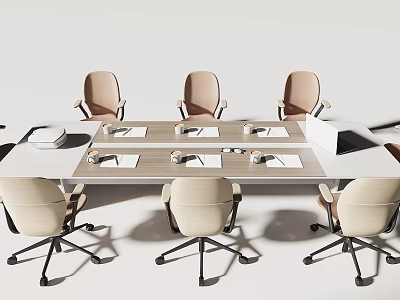 Modern Conference Table With Beige Office Chairs Documents And Water Cups In Meeting Room 3d model