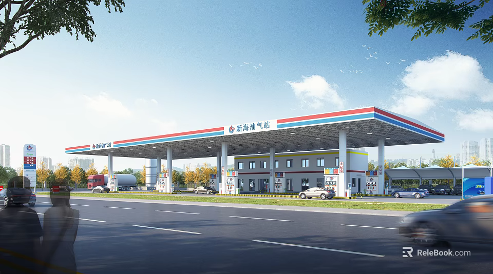New Yi Gas Station Exterior Design With Fuel Pumps Vehicles And Road View 3d model 