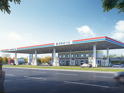 New Yi Gas Station Exterior Design With Fuel Pumps Vehicles And Road View 3d model