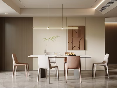 Elegant Modern Restaurant Interior With Dining Table Chairs Pendant Lights And Decorative Plant 3d model