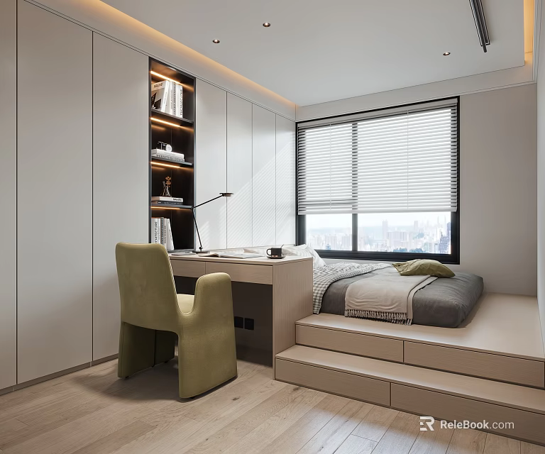 Modern Minimalist Tatami Bedroom With Bed Desk Chair Storage Cabinets And Window Blinds 3d model 