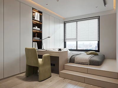 Modern Minimalist Tatami Bedroom With Bed Desk Chair Storage Cabinets And Window Blinds 3d model