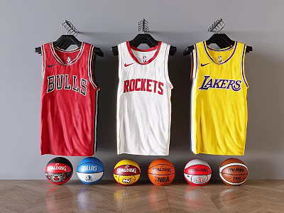 Hanging Basketball Jerseys And Colorful Basketballs With Bulls Rockets Lakers Logos Displayed 3d model