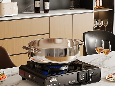 Modern Kitchen Interior With Gas Stove Stainless Steel Pot Marble Countertop And Wine Glasses 3d model