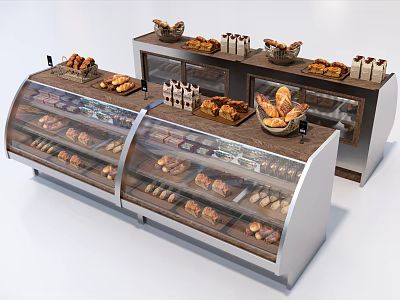 Bakery Display Shelves With Glass Doors And Transparent Cases Showcasing Fresh Bread And Assorted Pastries 3d model