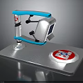 White Blue Mechanical Arm Biological Research Equipment With Red Circular Logo
