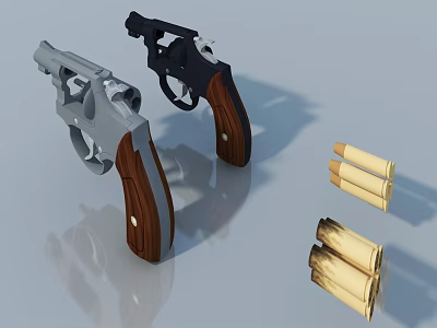 Two Revolvers With Wooden Grips And Bullets On Reflective Surface 3d model Two Revolvers With Wooden Grips And Bullets On Reflective Surface 3d model