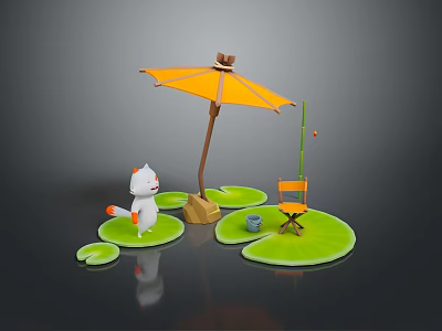 3D Scene Featuring White Cat Orange Umbrella Chair Fishing Rod On Green Lily Pad Platforms 3d model
