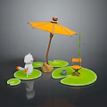 3D Scene Featuring White Cat Orange Umbrella Chair Fishing Rod On Green Lily Pad Platforms