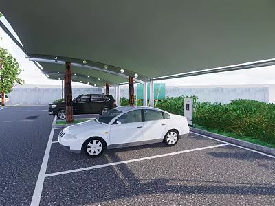 White Sedan and Black SUV at Covered Parking Lot with EV Charger and Greenery 3d model