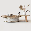 Elegant Modern Round Coffee Table With Marble Top Gold Frame And Decorative Items 3d model
