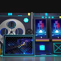 Cyberpunk Themed Photo Spot With Neon Lights Circular Device Screens And Grid Fence