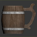 Wooden Barrel Shaped Mug With Metallic Bands And Curved Handle Design