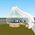 Outdoor Sofa With Blue Beige Cushions Under White Curved Structure And Round Wooden Table