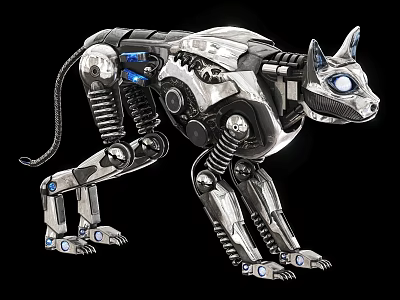 Industrial Equipment Mechanical Cat Featuring Metal Structure Blue Eyes And Mechanical Joints 3d model