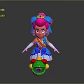 Cartoon Style 3D Model Woman With Pink Hair Blue Accessories And Green Mount