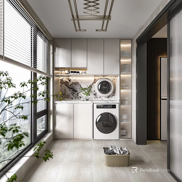 Modern Home Balcony Design With Washing Machine Dryer Storage Cabinets And Green Plants 3d model 